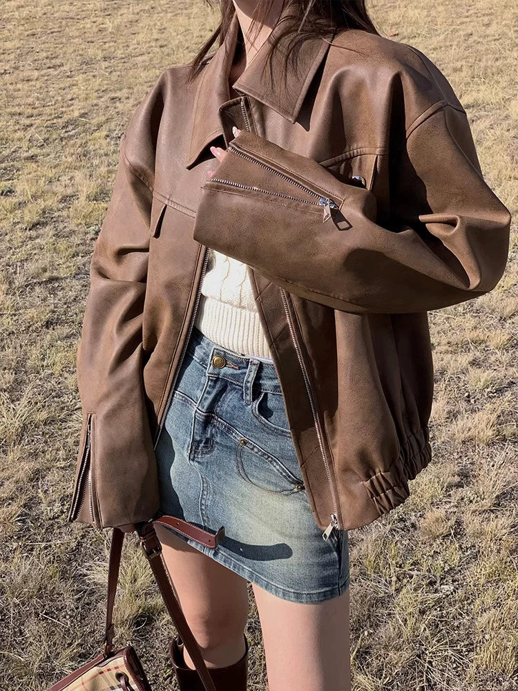Retro Brown Distressed Leather Motorcycle Coat: Street-Style Chic