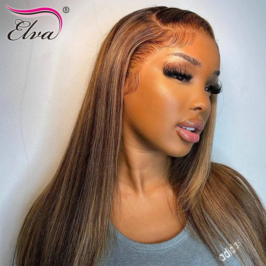 Ombre Straight Lace Front Wig: Brazilian Hair Highlighted Brown Wig