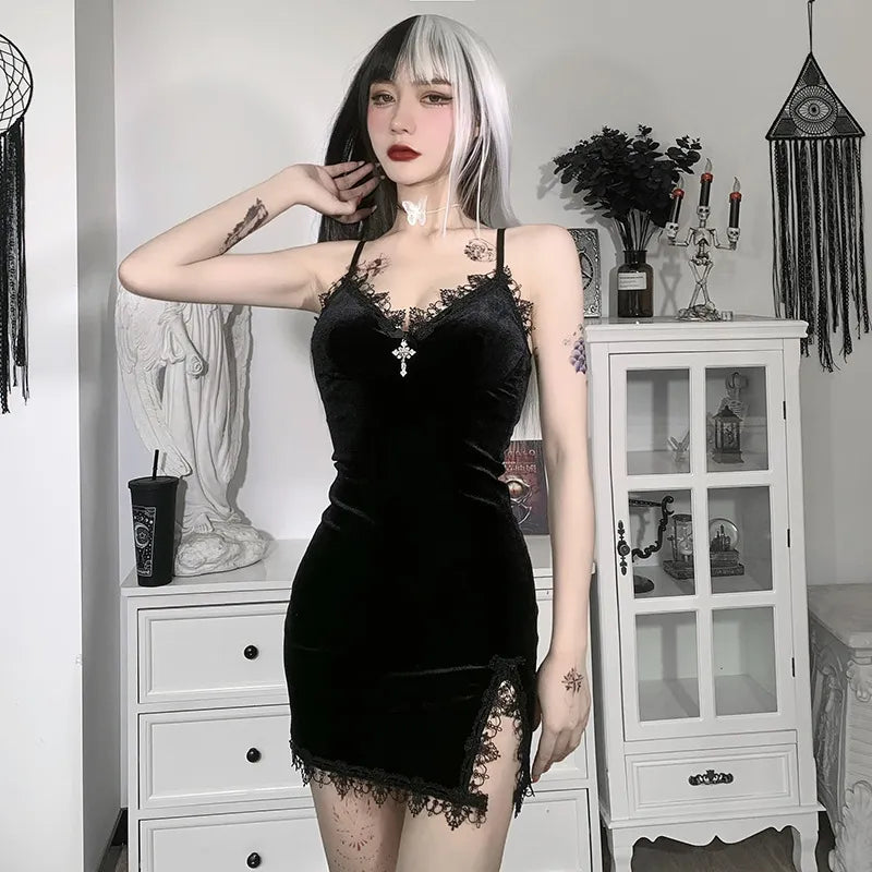 Dark Cross Black Mini Dress: Gothic Spaghetti Strap Clubwear - Sultry Gothic Clubwear: Seductive Spaghetti Straps & High Waist Silhouette