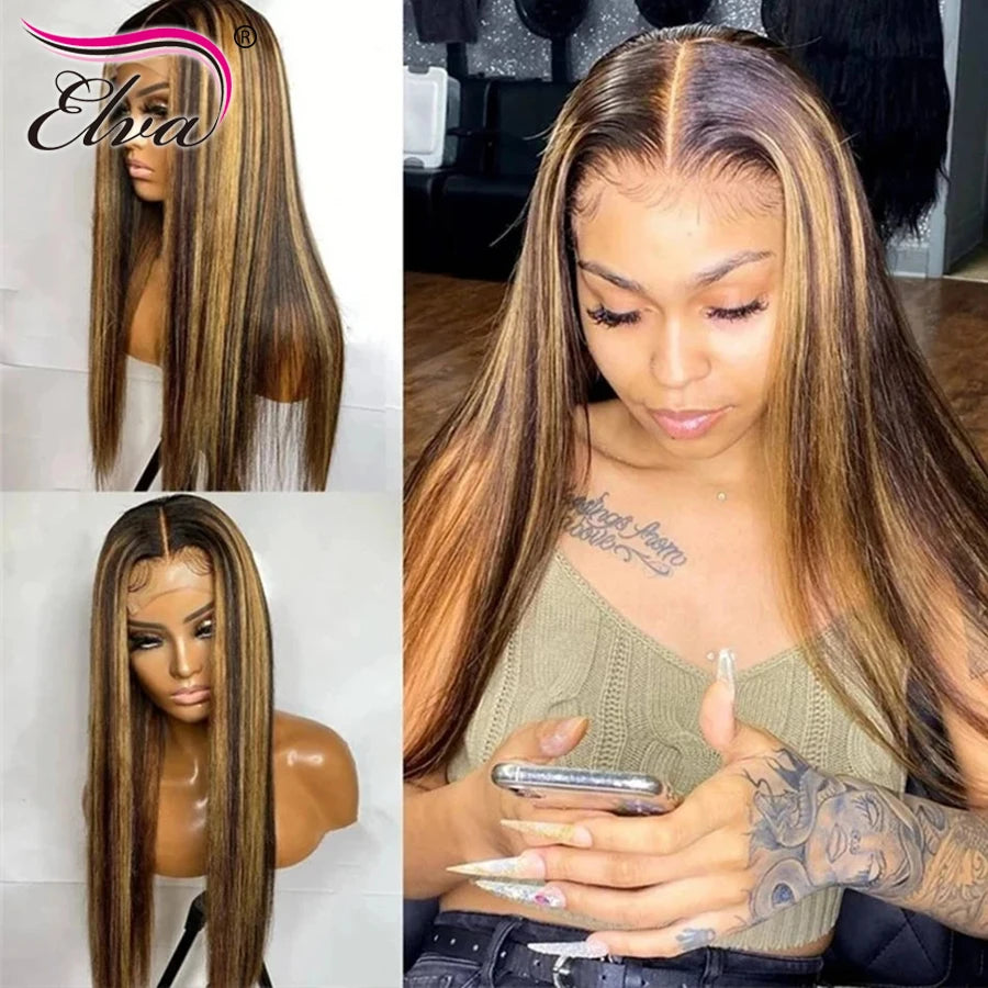 Ombre Straight Lace Front Wig: Brazilian Hair Highlighted Brown Wig