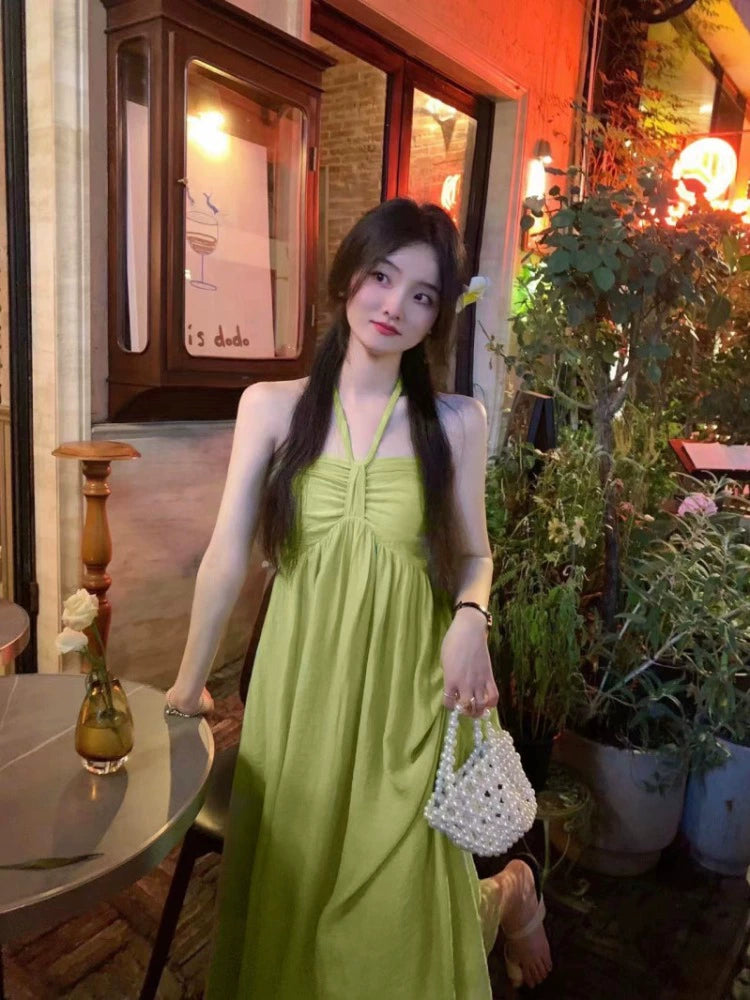 Yunnan Sweet White Green Beach Dress : Stylish Forest-Girl Chic for Seaside Vacay