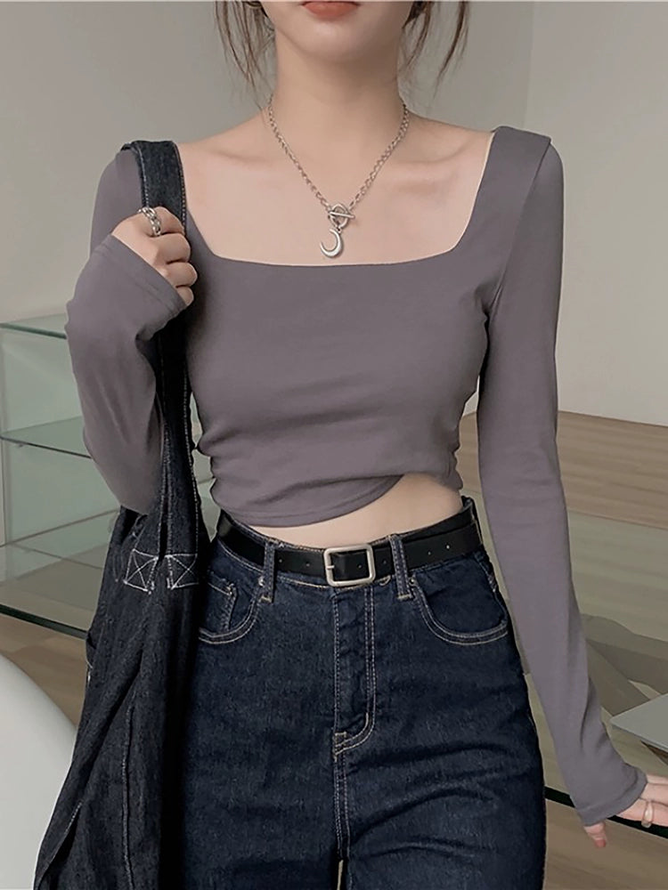 Gyaru Style Square Collar Crop Top: Trendy Slim Fit Long Sleeve Shirt - Spring & Autumn