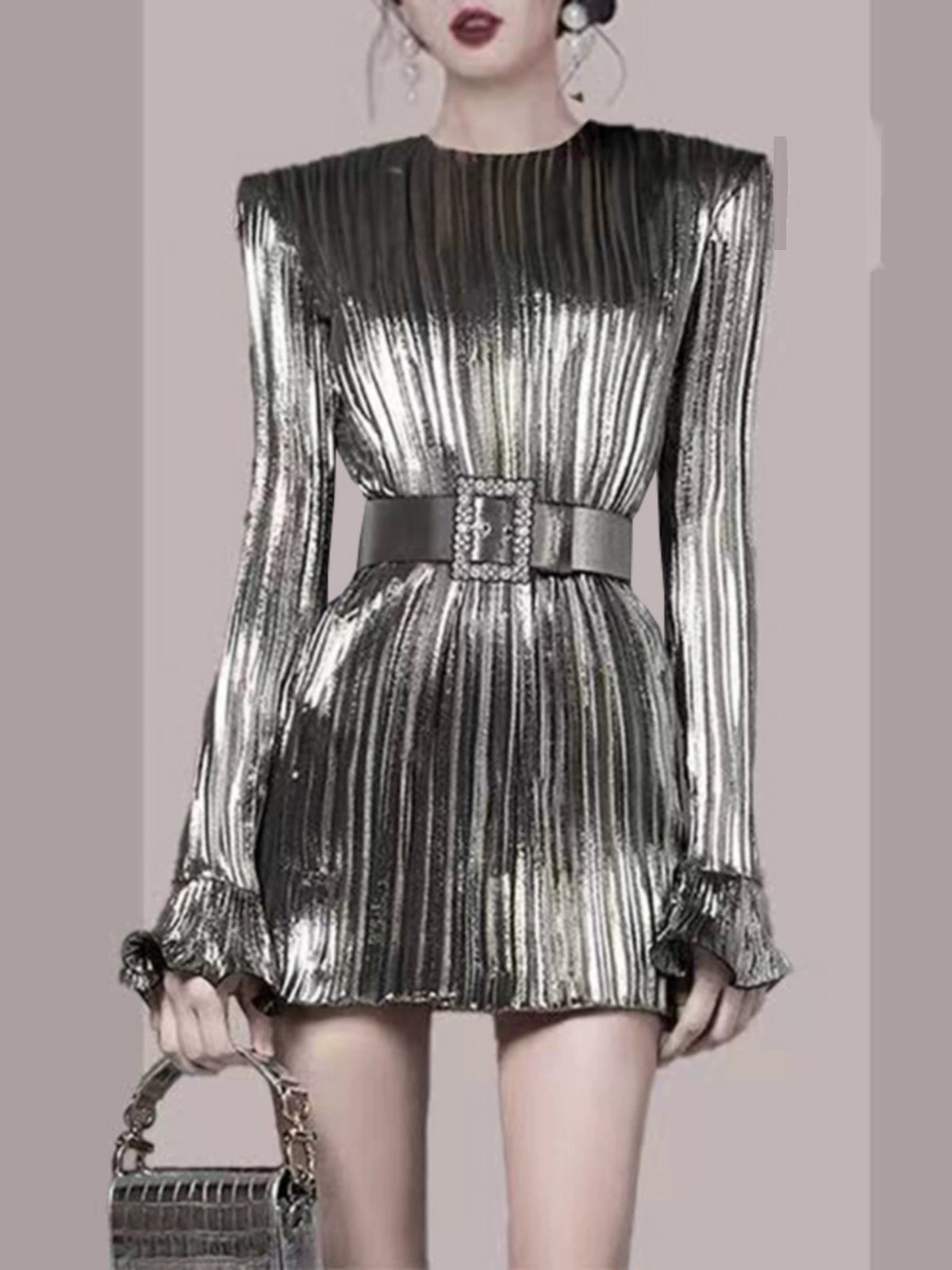 Luxurious Silver Pleated Dress: Sophisticated Fall Elegance