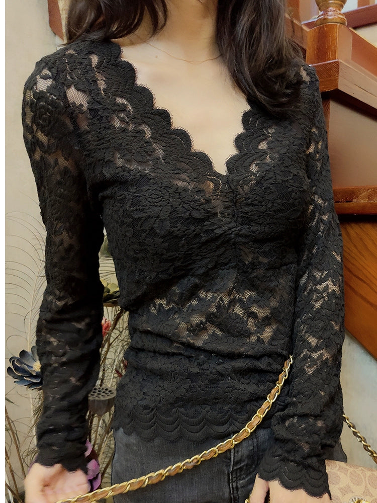 Autumn Chic: Elegant Black Lace V-neck Shirt for Women