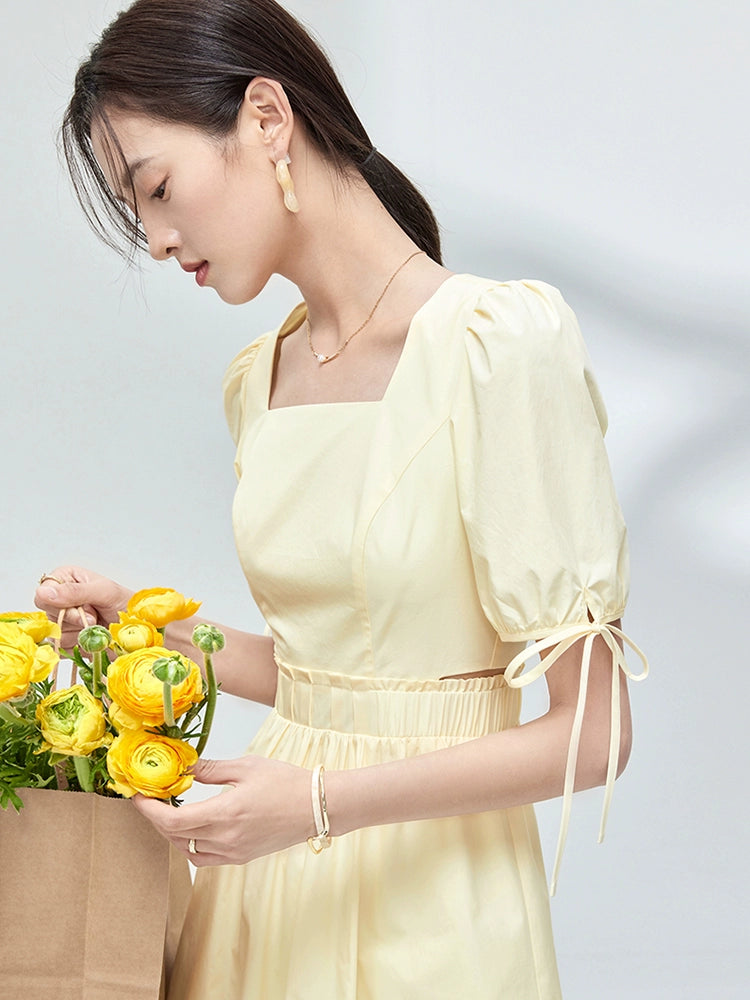 Square Collar A-line Dress: Korean Chic Style - Cotton, Trendy & Elegant