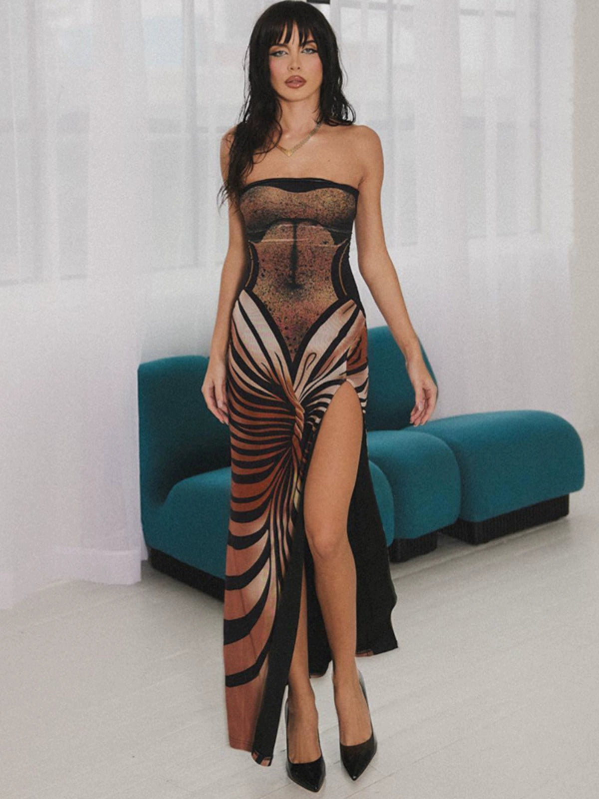 Fall Fashion Print Slit Dress: Trendy Tube Top for Women