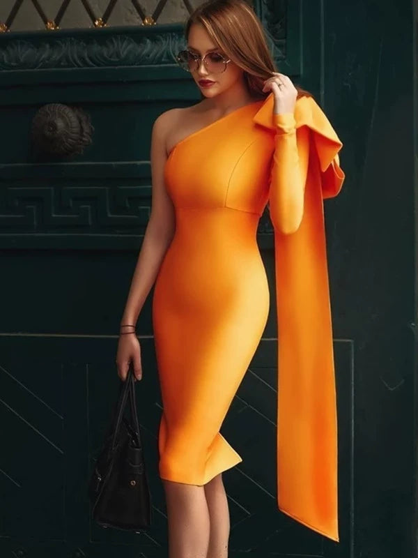 Orange One-Shoulder Bandage Dress: Sophisticated Winter Statement