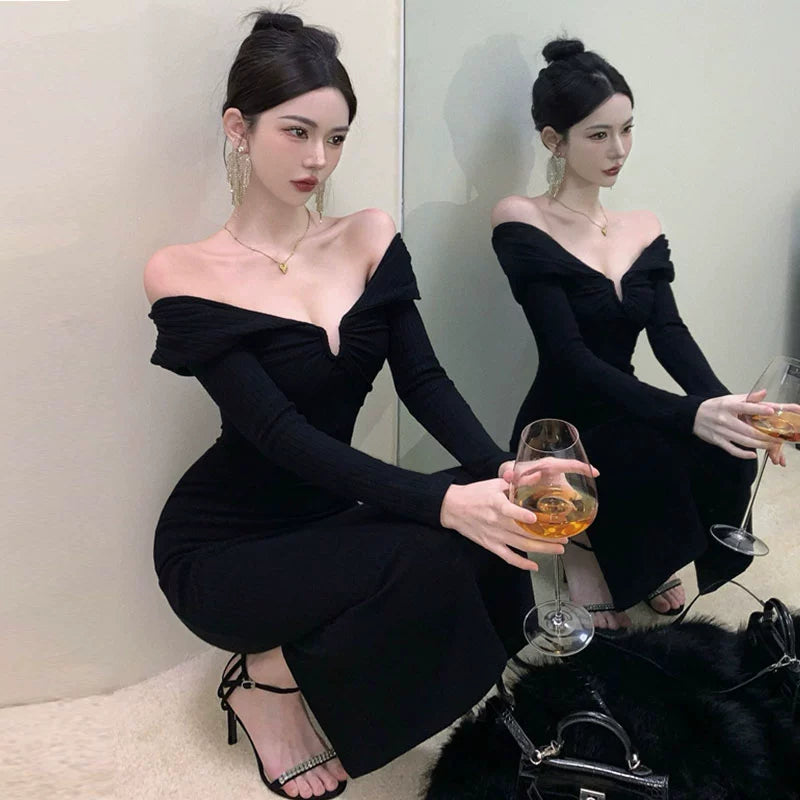 Black Evening Gown: Chic Off-Shoulder Cocktail Dress for Elegant Events