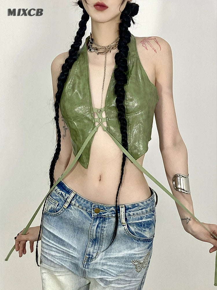 Mixcb Leather Halter Vest: Summer Streetwear Confidence Booster