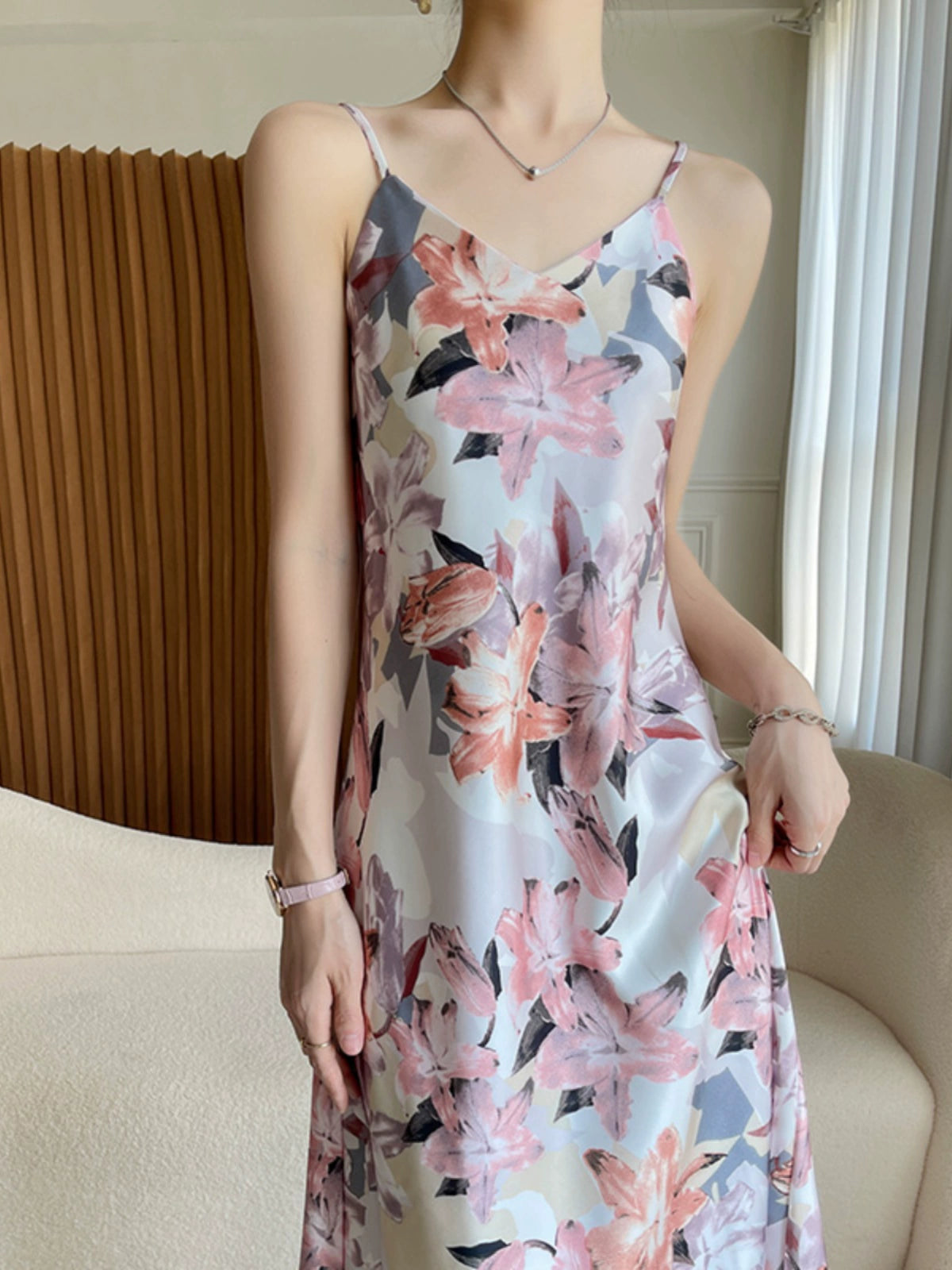Silk Floral Sling Dress: Elegant French Design for Women