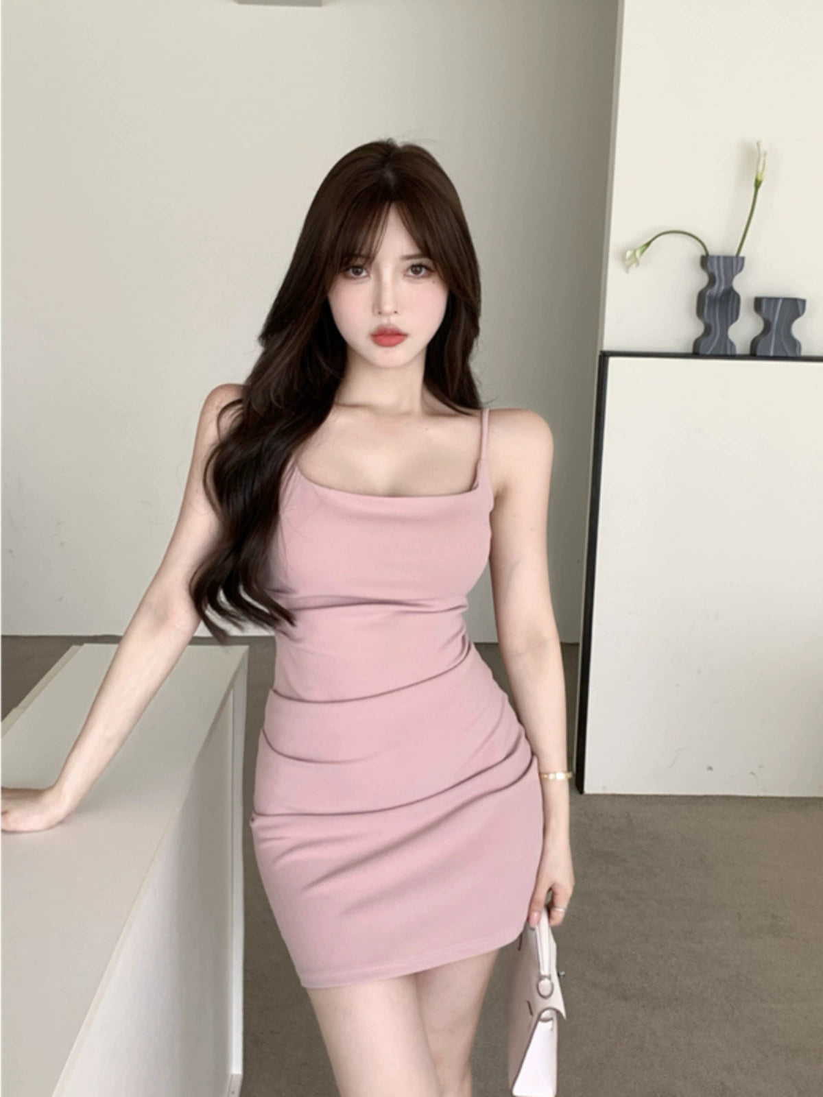 Pink Summer Dress: Elegant High Waist Spaghetti Straps - Korean Style