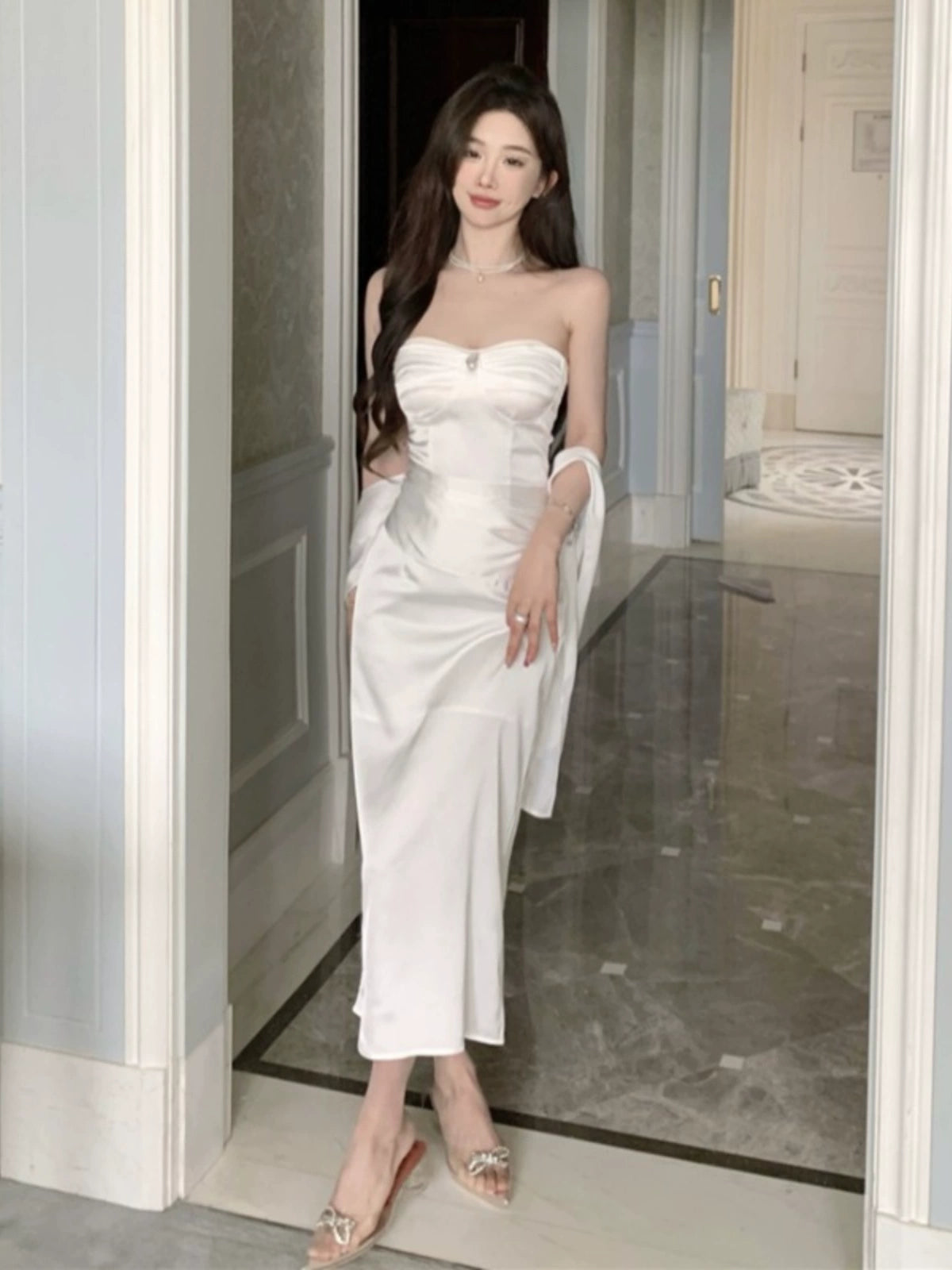 White Silky Satin Off-Shoulder Dress: Elegant Banquet Attire