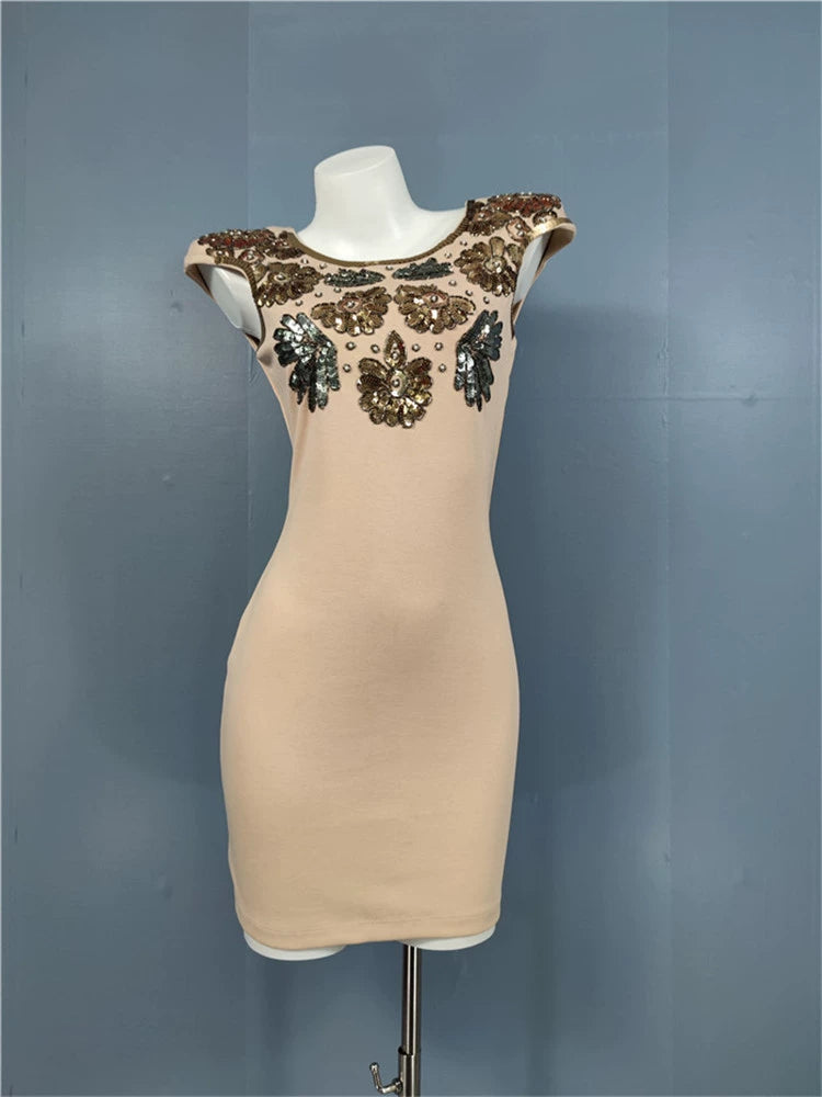 Li Jia Sequin Embroidered Cocktail Dress: Elegant Mini Hip Bag