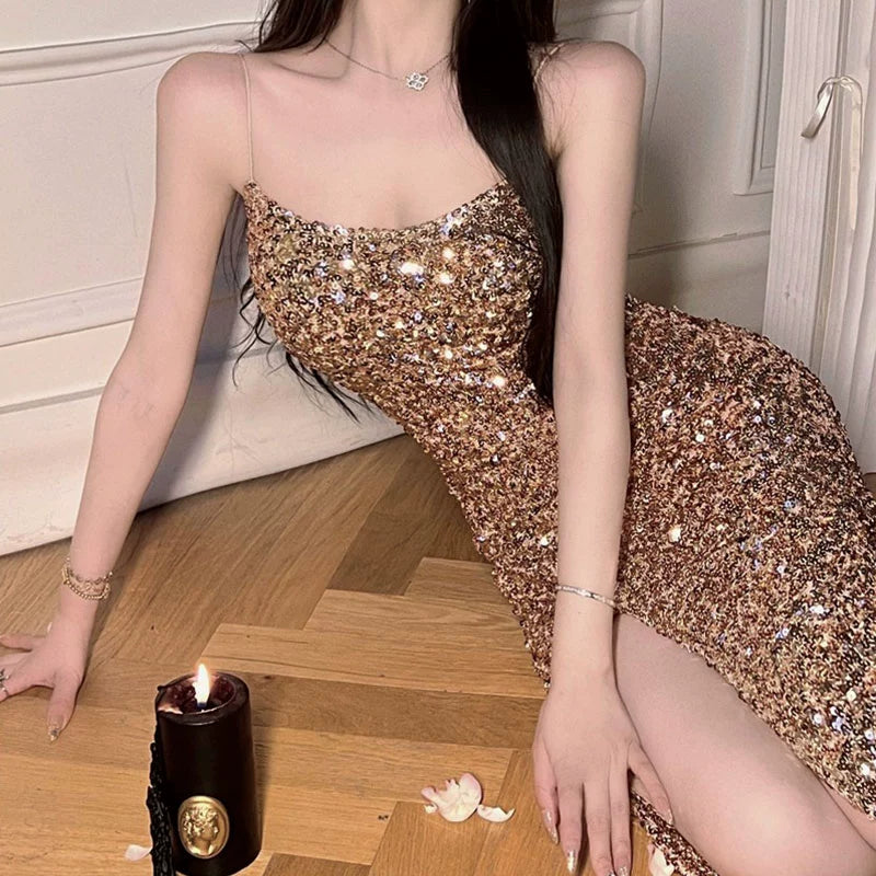 Golden Sequin Sling Dress: Glamorous Party Wear & Slim Looking