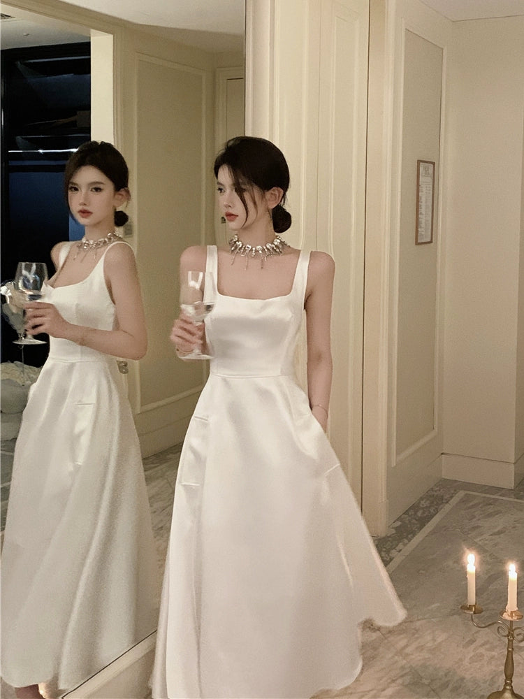 French Satin Sling Gown: Hepburn-Inspired Elegance