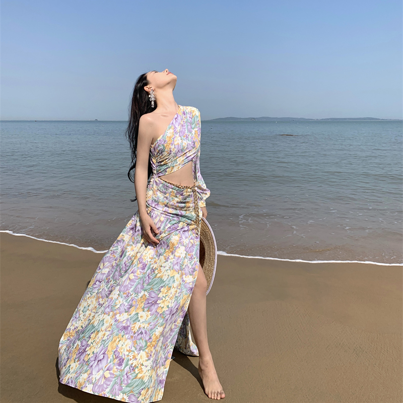 Oblique Shoulder Floral Dress: Elegant Swing Dress for Social Events