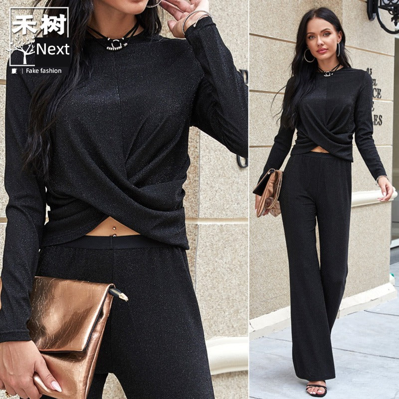 Silk Midriff Outfit: Elegant Party Wear with Flared Trousers