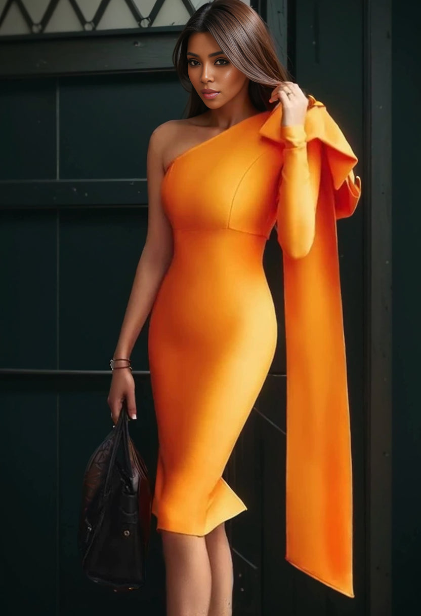 Orange One-Shoulder Bandage Dress: Sophisticated Winter Statement
