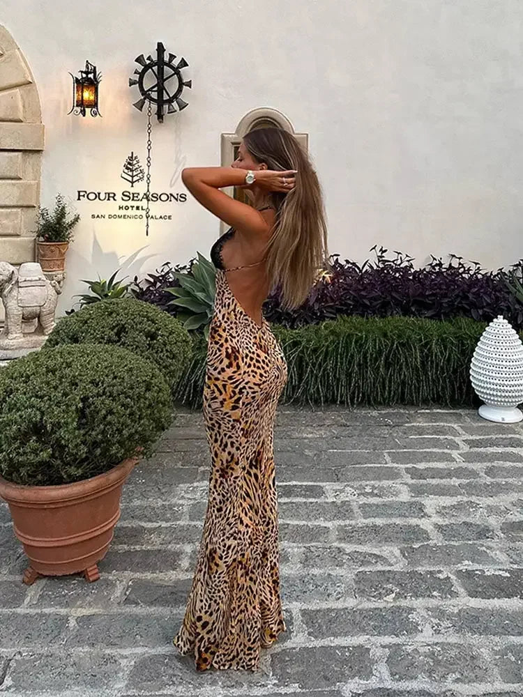 Leopard Print Halter Maxi Dress: Elegant Lace Gown