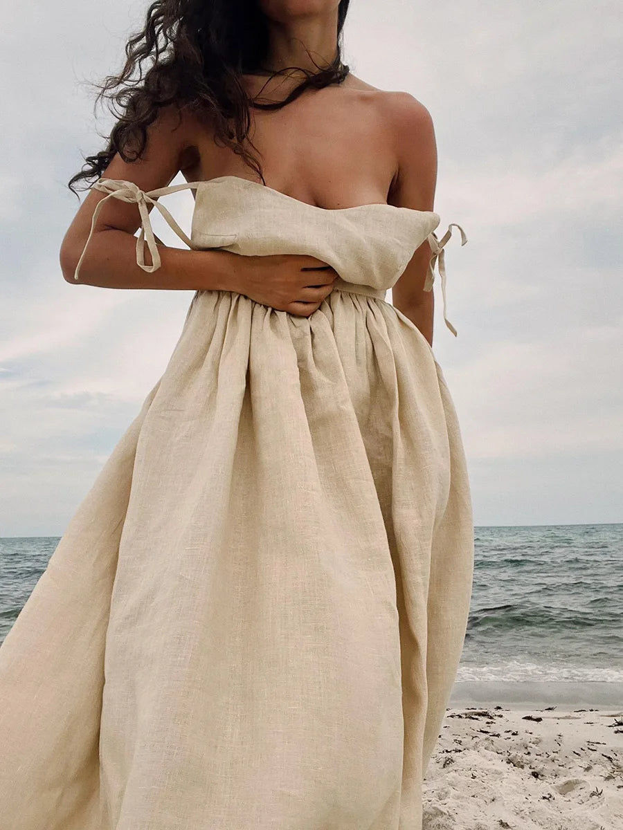 Bornladies Vintage A-line Cotton Beach Dress: Stylish V-neck Beauty
