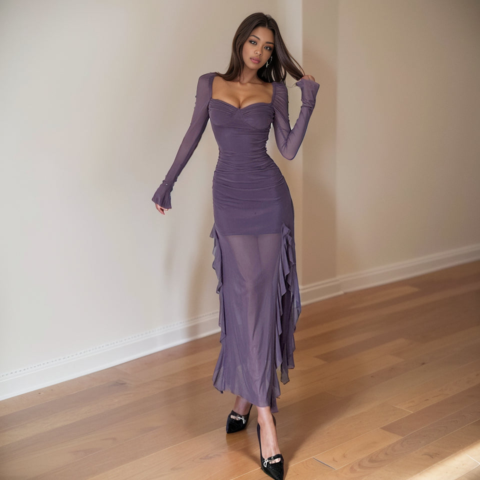 Sylcue Mesh Style Long Sleeve Dress: Street-style Elegance & Comfort