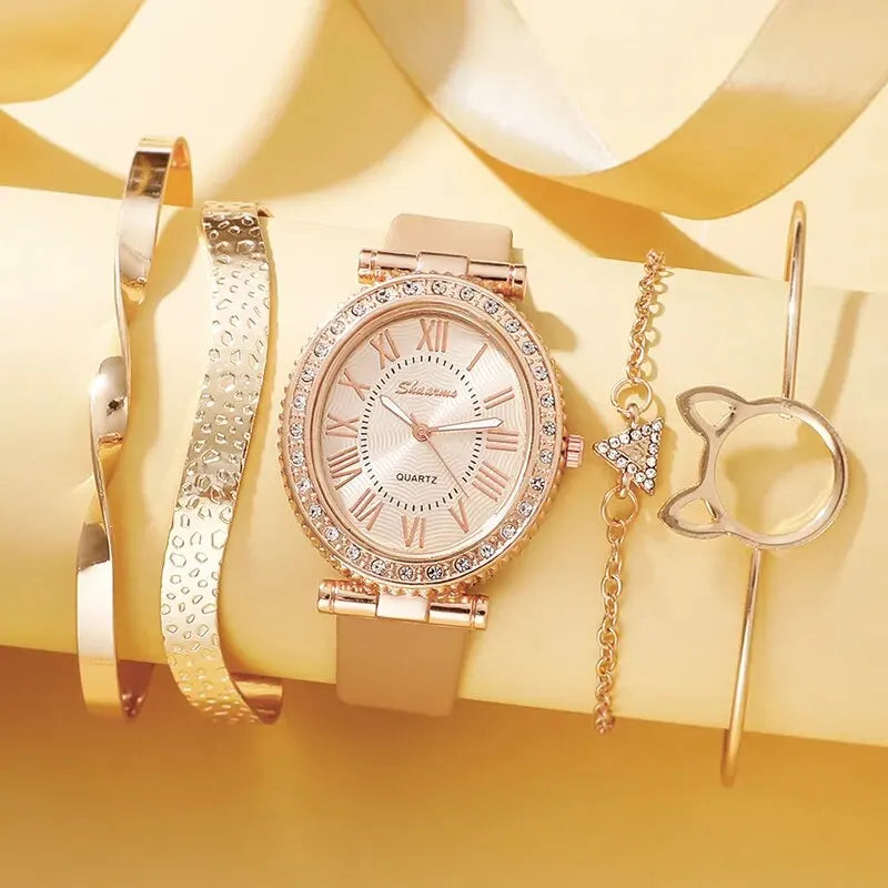 Luxury Women's Quartz Watch Set: Leather Band Analog Timepiece - Elevate Your Style Game with Bracelets - Elegant Fashion Clock