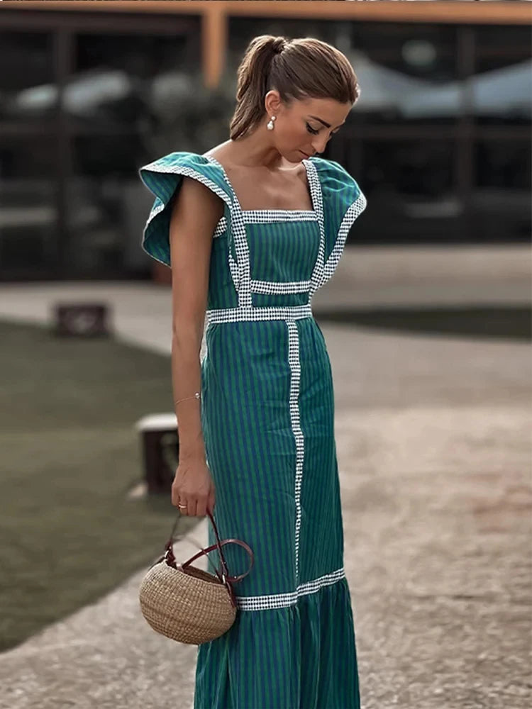 Elegant Striped Long Dress: Stylish Square Collar Fashion Robe - Modern Woman's Essential