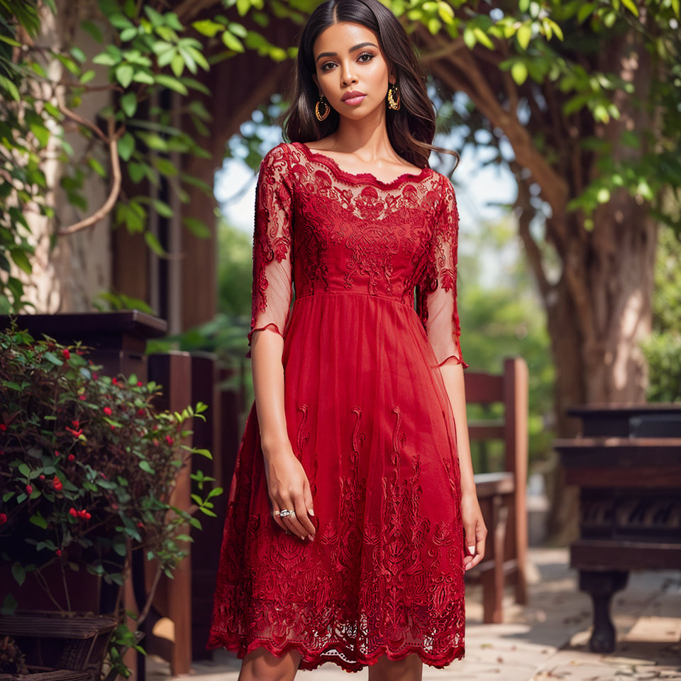 Red Lace Off-Shoulder Dress: Chic Midi with Hollow Embroidery