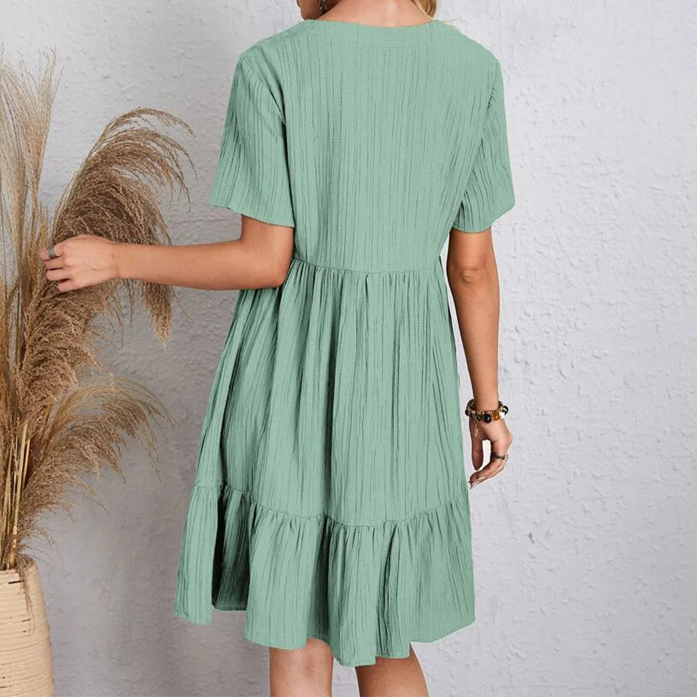 Chic Summer Mini Dress: V-Neck Pleated Ruffle Casual Style