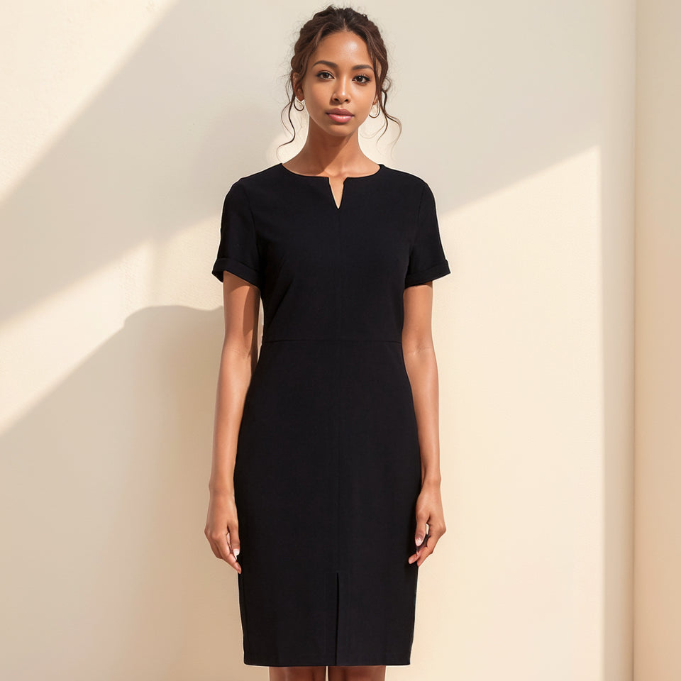 V-Neck Sheath Dress: Elegant Office Attire with Stylish Details