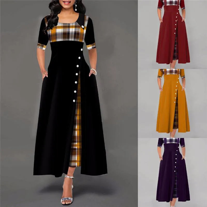 Plaid Print Maxi Dress: Vintage Button Detail & Flare Silhouette