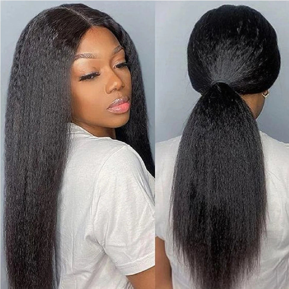 Kinky Straight Lace Front Wig: Authentic Yaki Hair for Women