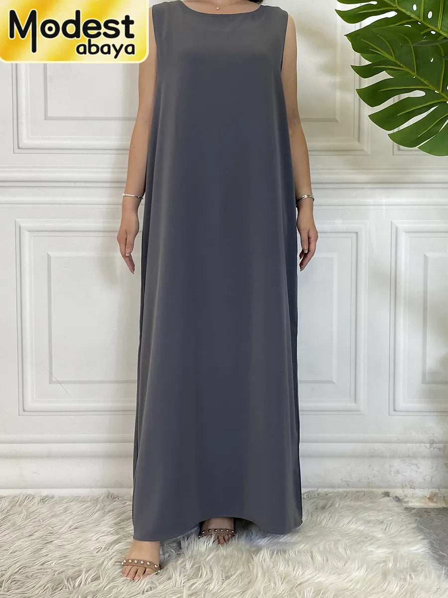 Modest Abaya Femme: Elegant Sleeveless Muslim Dress - Quality Polyester, All-Season Wear - Sizes S to 2XL