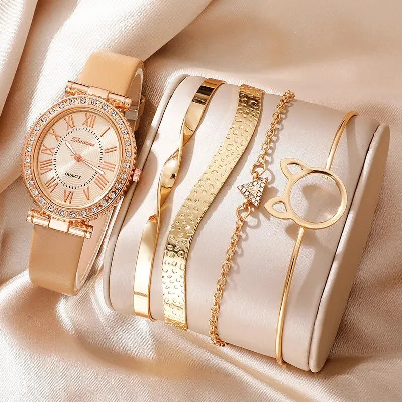Luxury Women's Quartz Watch Set: Elegant Analog Timepiece with Bracelets - Fashion Sophistication