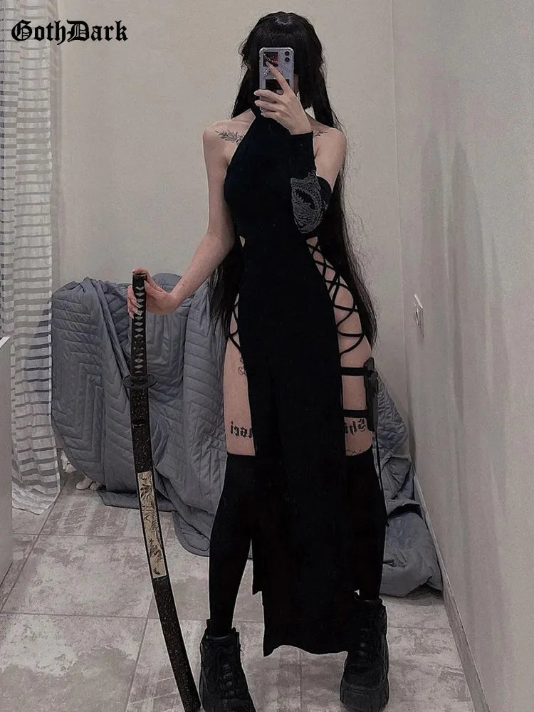 Dark Gothic Halter Dress for Bold Cosplay Fashionistas: High Split Bandage Style