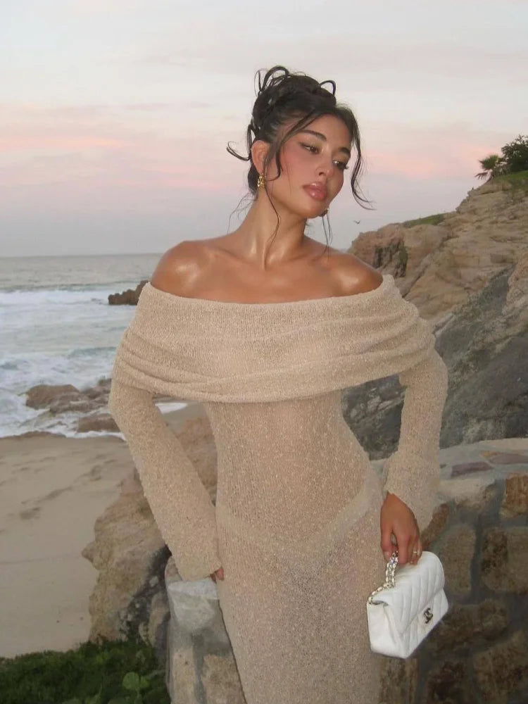 Summer Sun Protection Maxi Dress: Women's Elegant Knitted Beachwear with UV Shield - Chic Holiday Bodycon Dress