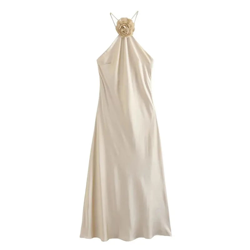 Floral Halter Satin Gown: Elegant Off-Shoulder Dress