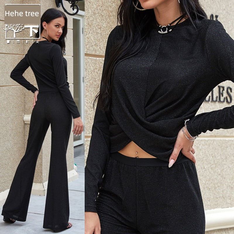 Silk Midriff Outfit: Elegant Party Wear with Flared Trousers