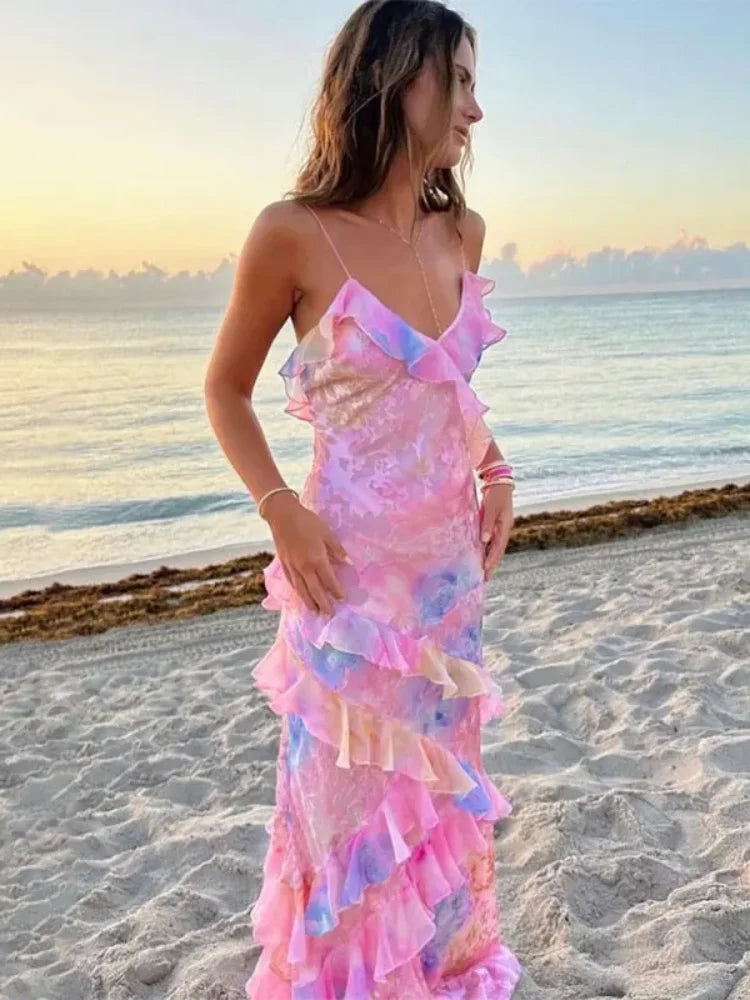 Tiered Ruffles Flower Print Maxi Dress: Boho Chic Beach Elegance