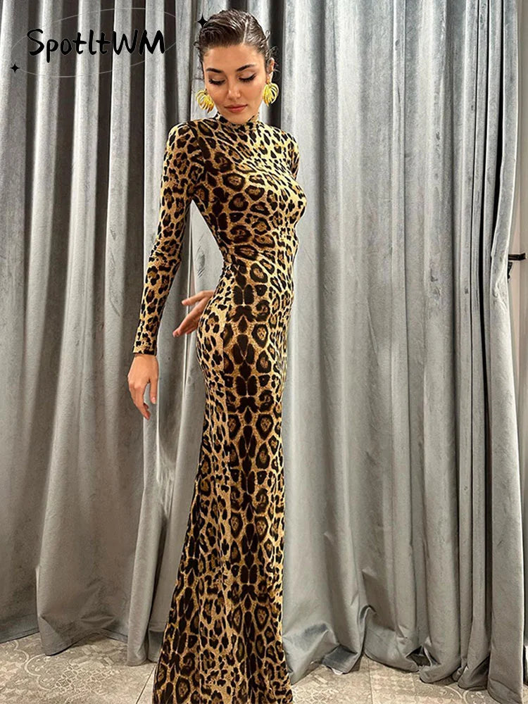 Leopard Print Maxi Dress: Elegant Party Gown with Sequin Embellishments