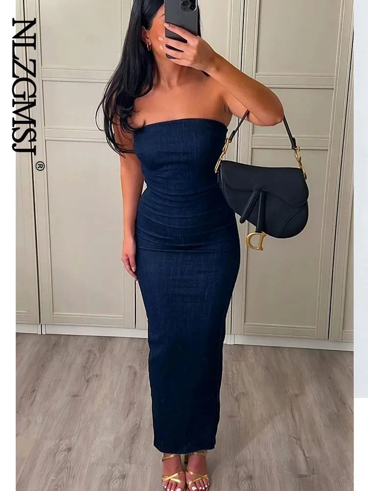 Blue Denim Strapless Backless Dress: Summer Chic Style for Evening Events