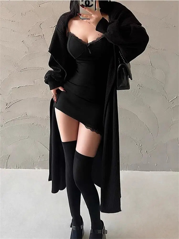 Y2K Retro Lace Patchwork Spaghetti Strap Black Bodycon Dress: Trendy Clubwear Mini Dress for Women