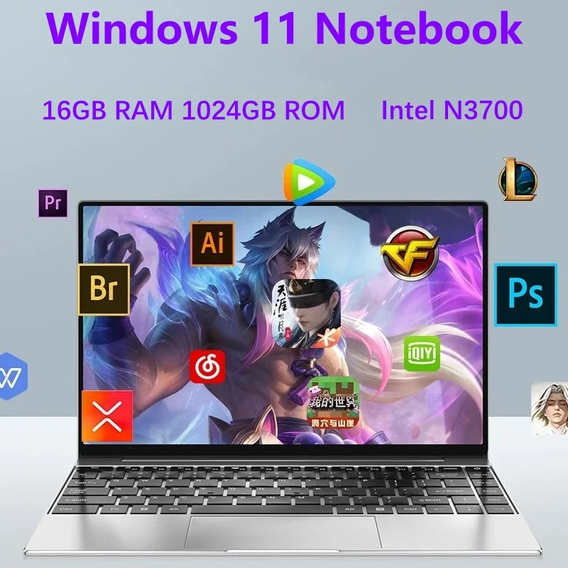 2024 New Laptop Computer Windows 11 Pro Ultra Slim Notebook 14.1 Inch Intel Pentium N3700 16GB 1024GB Office Study PC Computer