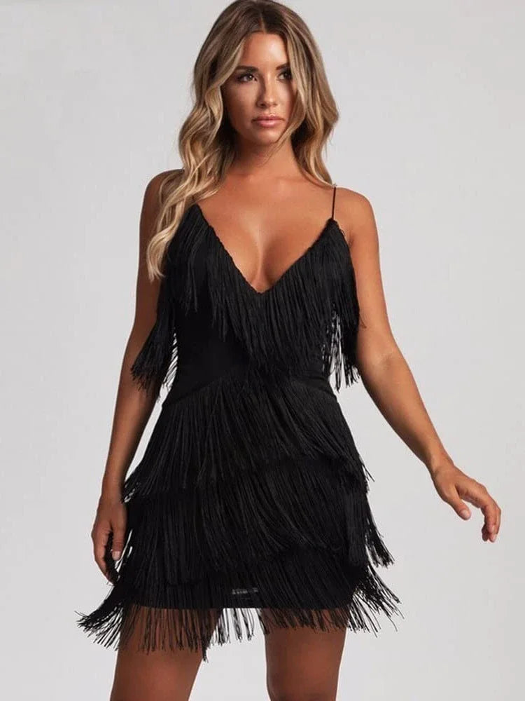 Roaring 20s Inspired Deep V-Neck Fringe Bodycon Mini Dress: Glamorous Gatsby Latin Club Party Dress for Women