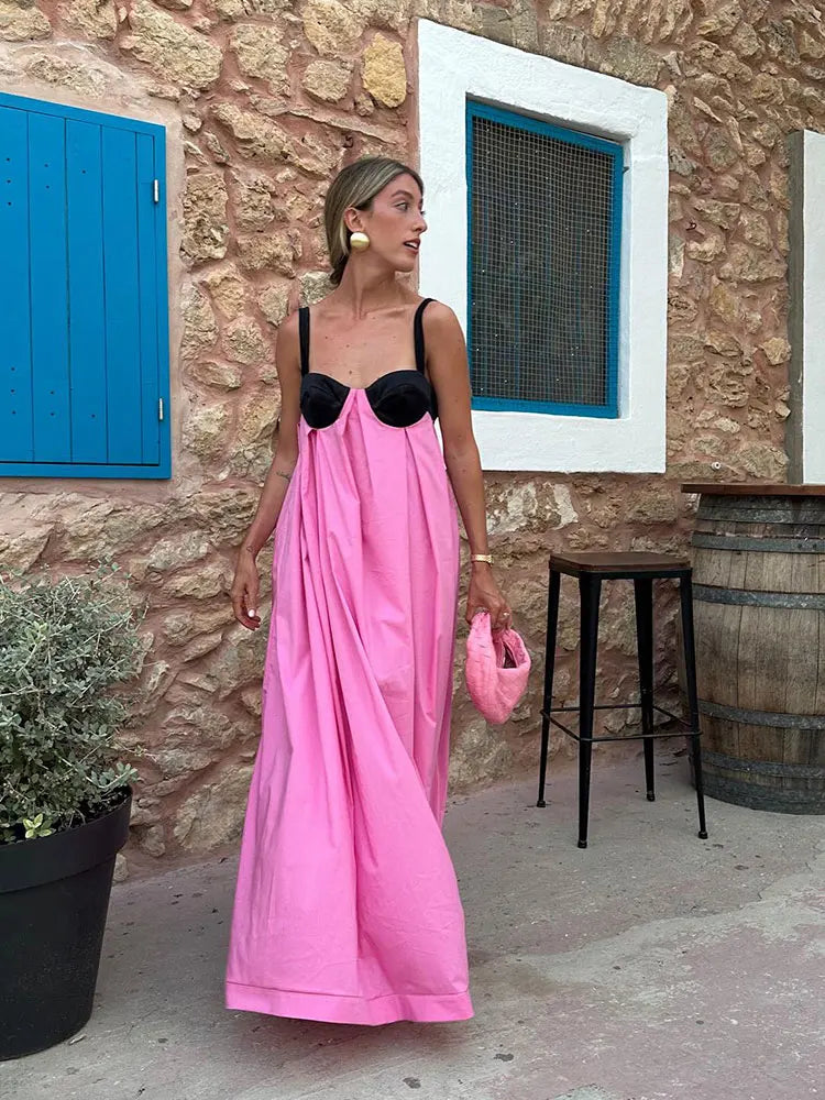 Contrast Patchwork Sling Dress: Elegant Lace-Up Holiday Attire